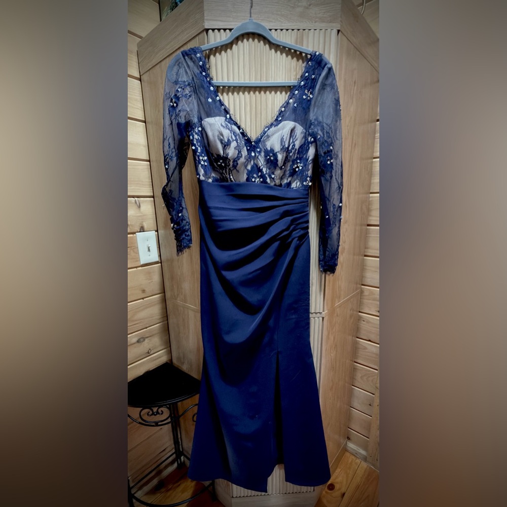 JJs House Navy Chiffon Evening Gown with Sheer 3/4 Sleeves.